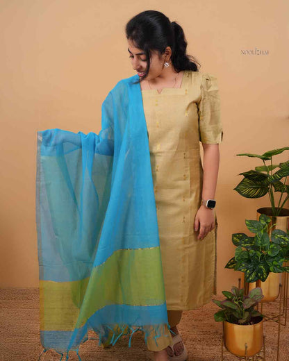 Handloom-Style Olive Kurta Set with Teal Dupatta