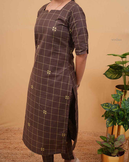 Chocolate Brown Checked Kurta Set