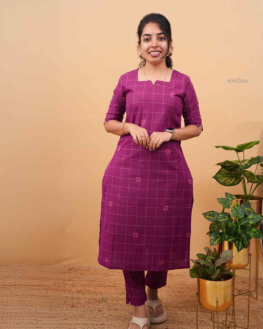 Purple Minimal Check Kurta Set