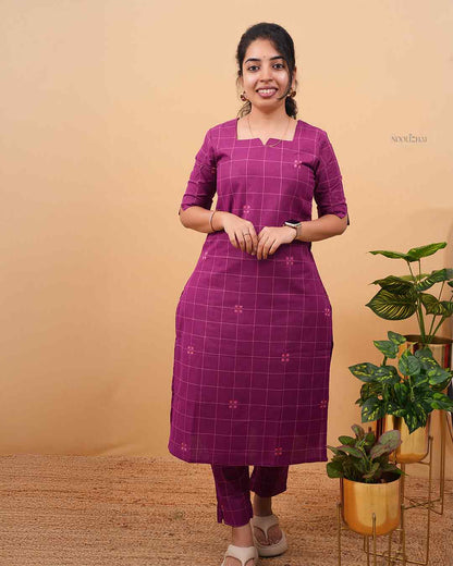 Purple Minimal Check Kurta Set