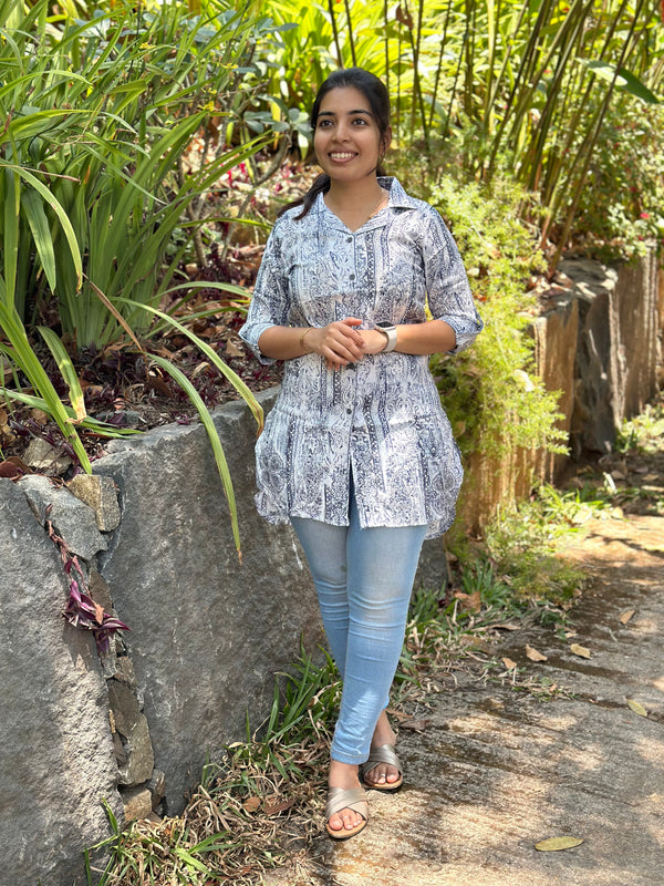 Midnight Blossom(Blue Printed Shirt)