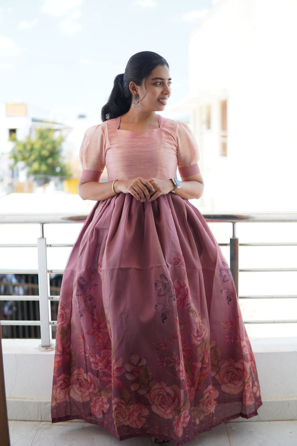 Organza Floral Border (Pink) long salwar