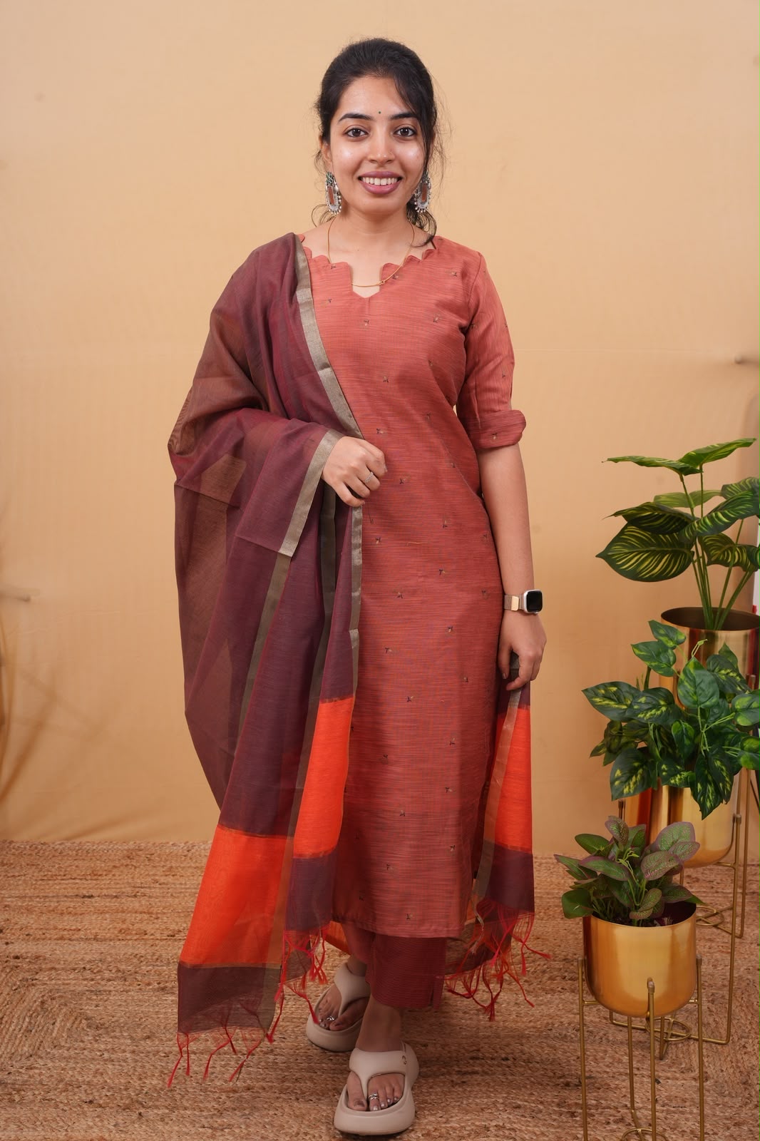 Burnt Orange Kurta with Dual-Tone Silk Dupatta